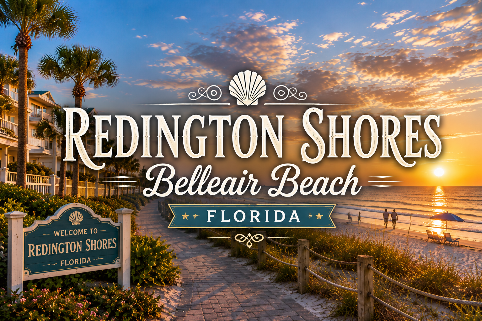 Redington Shores Belleair Beach Florida sign at sunset by a sandy beach and palm trees
