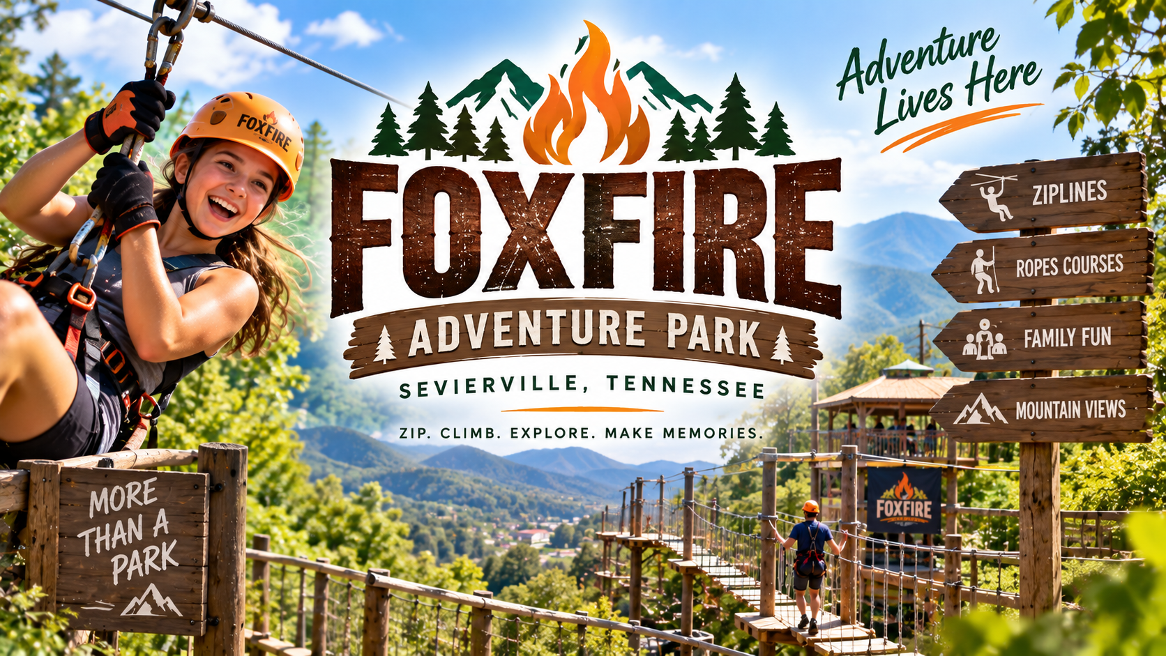 Foxfire Adventure Park sign with zipline rider, mountains, and “More than a park” banner in Sevierville, Tennessee