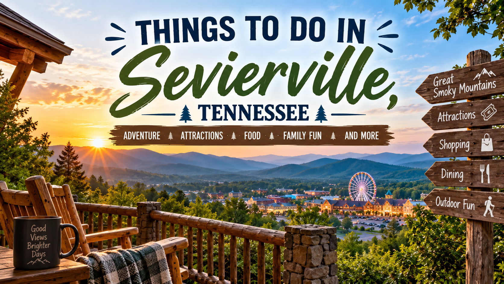 Sevierville, Tennessee travel sign with scenic mountain overlook, sunset sky, and downtown view