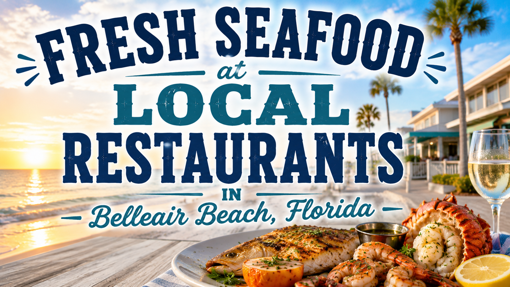 Fresh seafood at local restaurants in Belleair Beach, Florida, with shrimp, lobster, and beach sunset scene