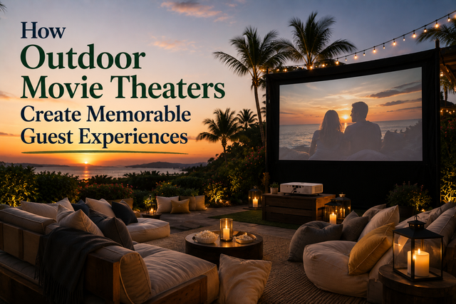Outdoor movie theater at sunset with cozy seating, lanterns, and palm trees under a lit screen.