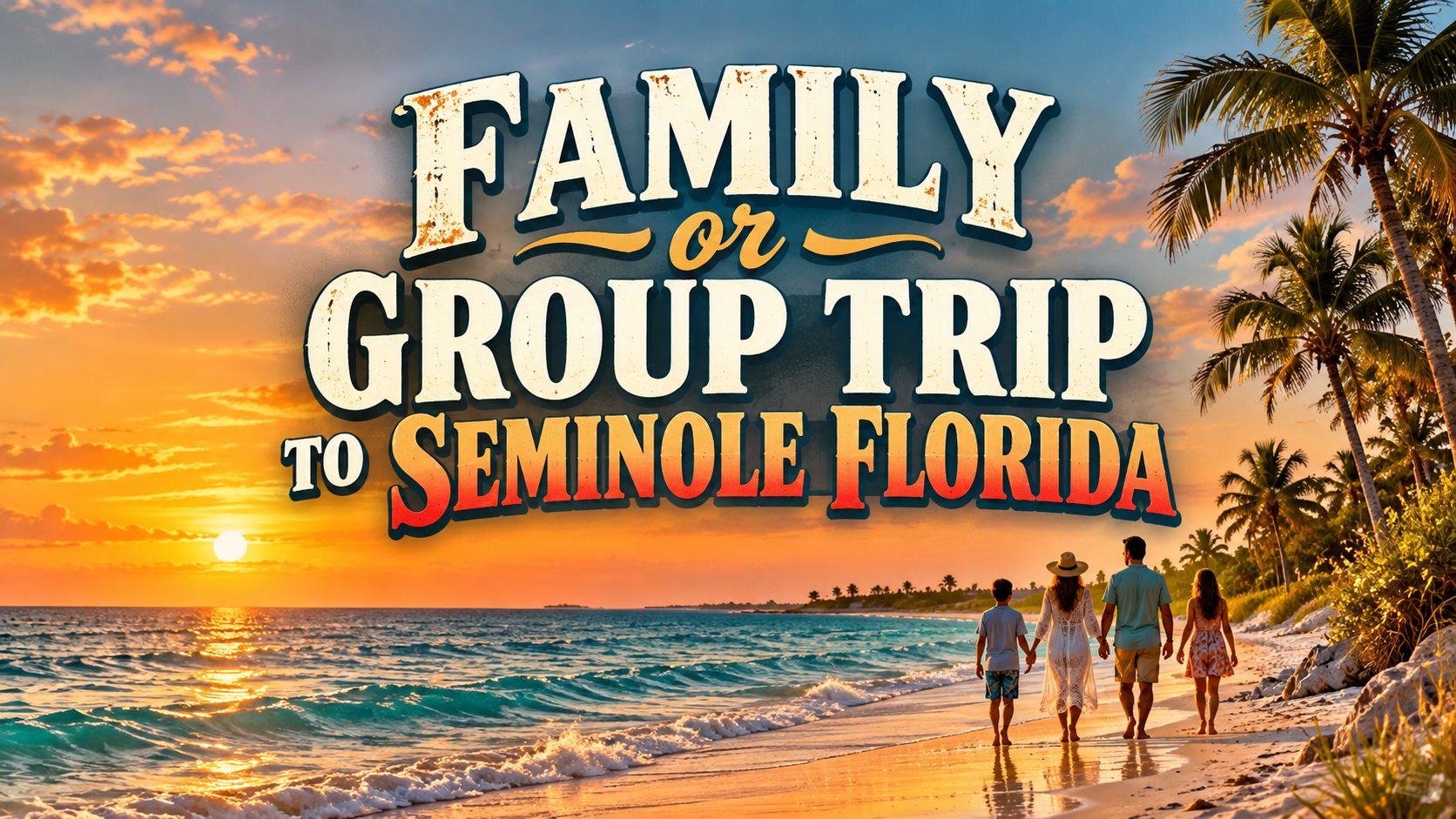 Family group walking on a sunset beach in Seminole, Florida, with bold travel text overlay.