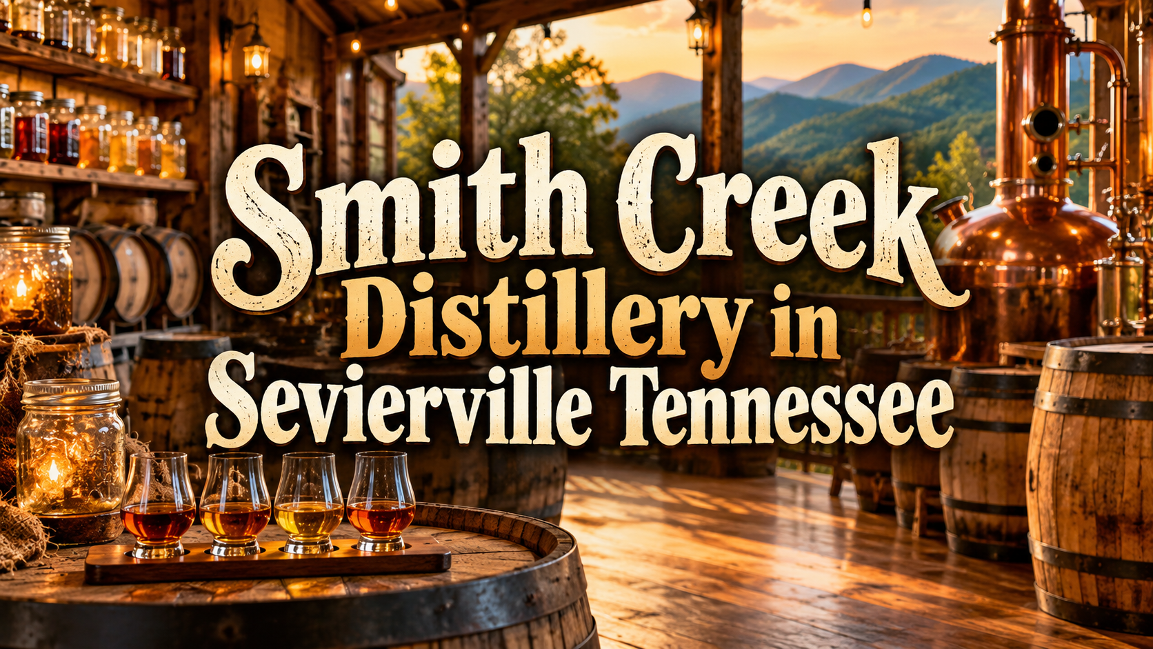 Smith Creek Distillery in Sevierville, Tennessee, with glowing barrels and mountain sunset backdrop