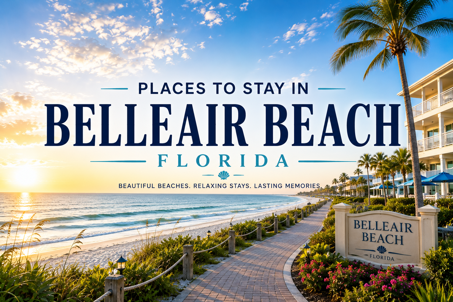 Belleair Beach Florida travel poster with sunny shoreline, palm trees, and seaside path
