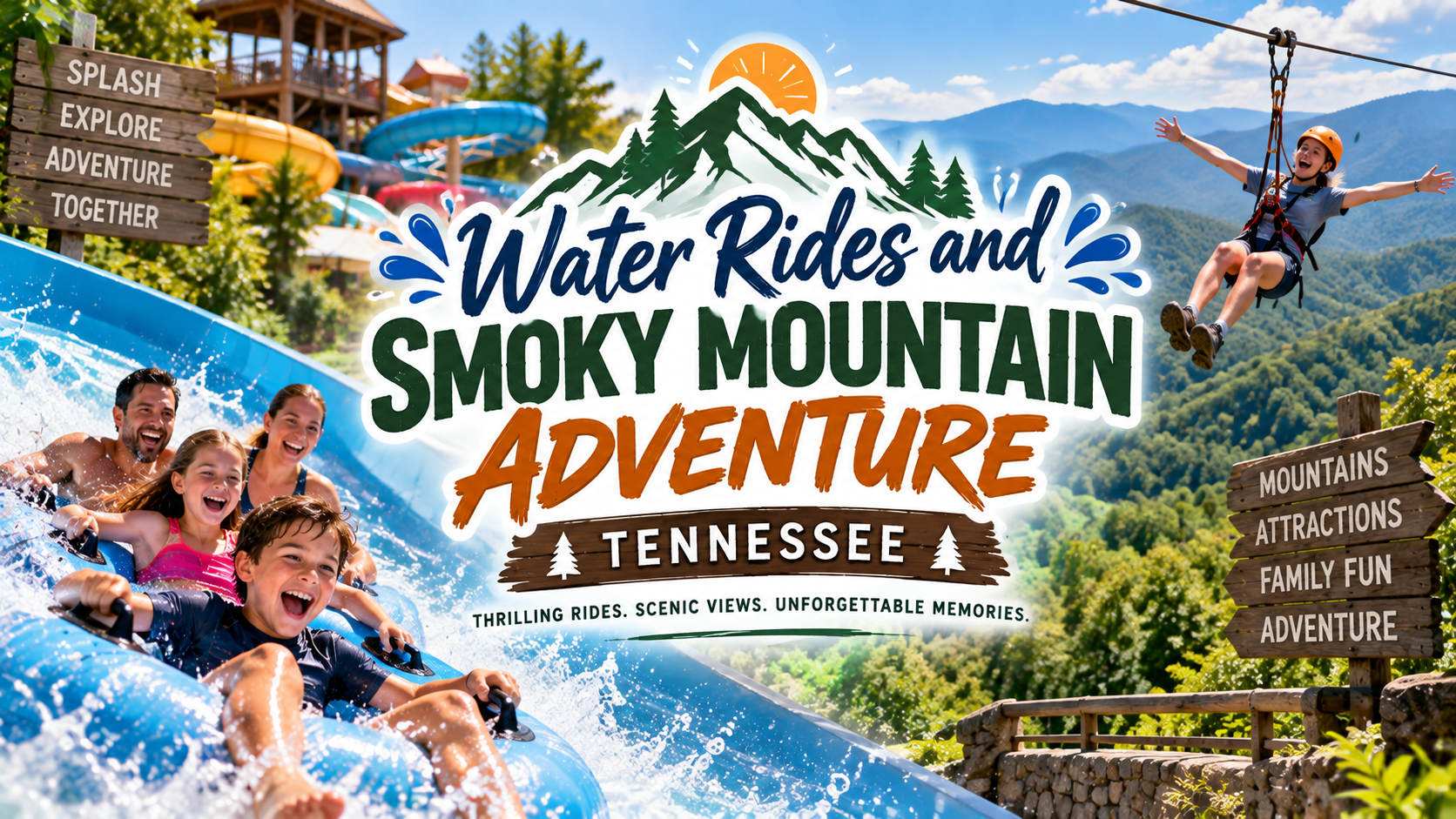 Water rides and Smoky Mountain adventure in Tennessee, with splashy rafting and zipline scenes.