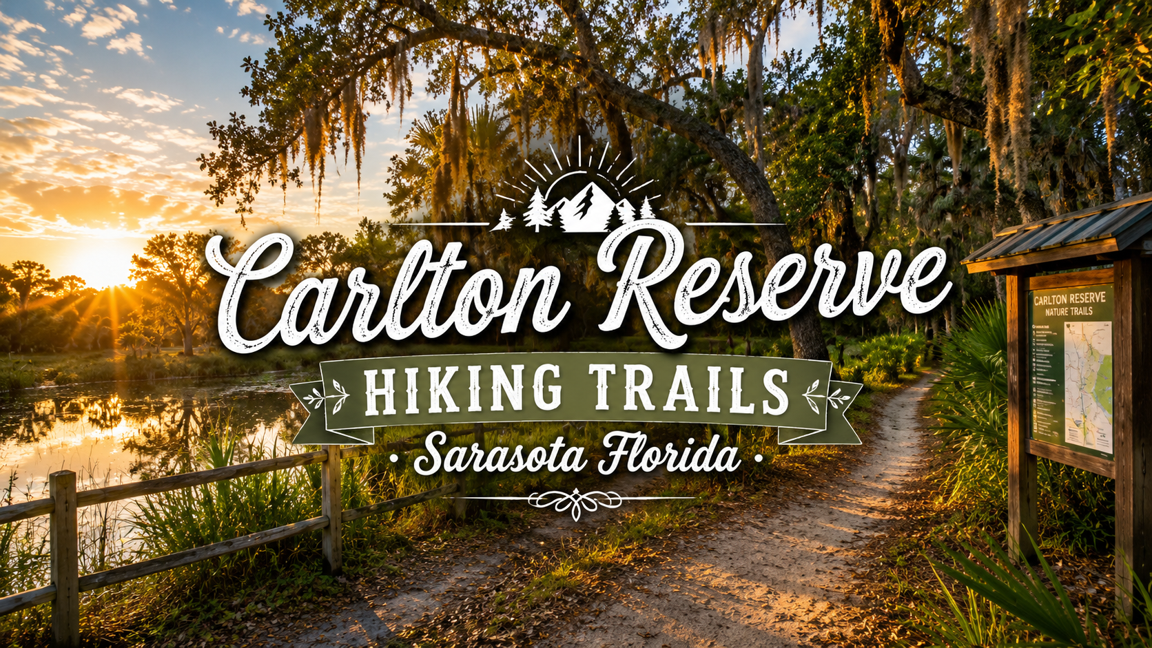 Carlton Reserve hiking trails sign at sunset, with trees and a wooded path in Sarasota, Florida