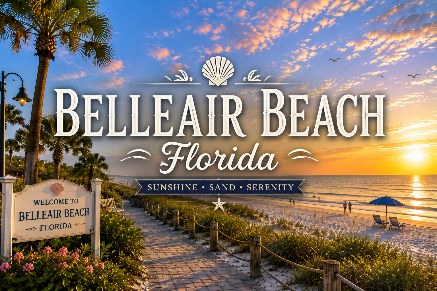 Belleair Beach, Florida sign at sunset beside a sandy beach and boardwalk