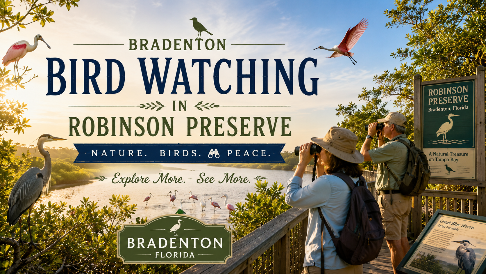 Brandon bird watching sign at Robinson Preserve with people observing birds from a wooden lookout deck