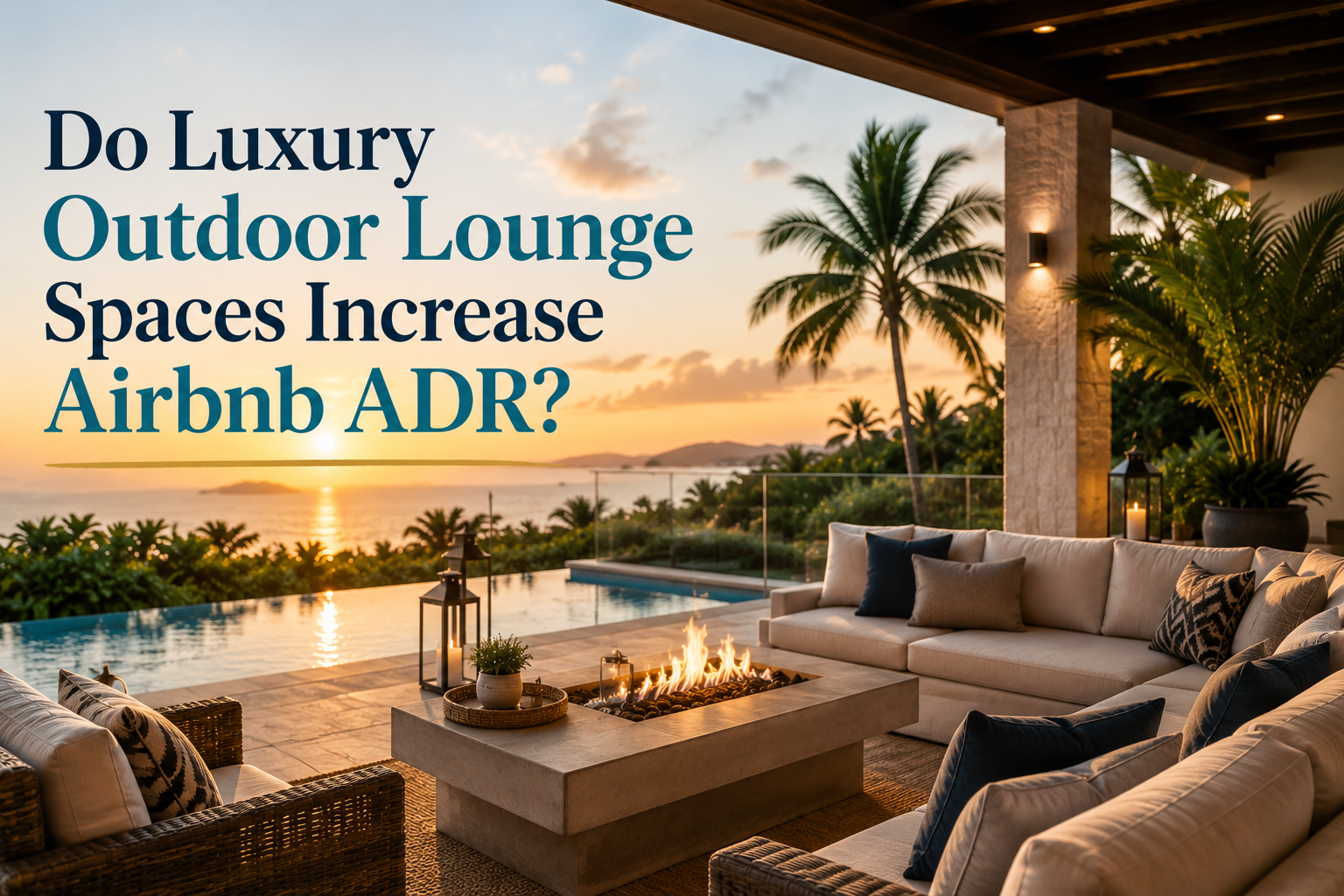Luxury outdoor lounge by pool at sunset with palm trees and fire pit; text asks if it increases Airbnb ADR