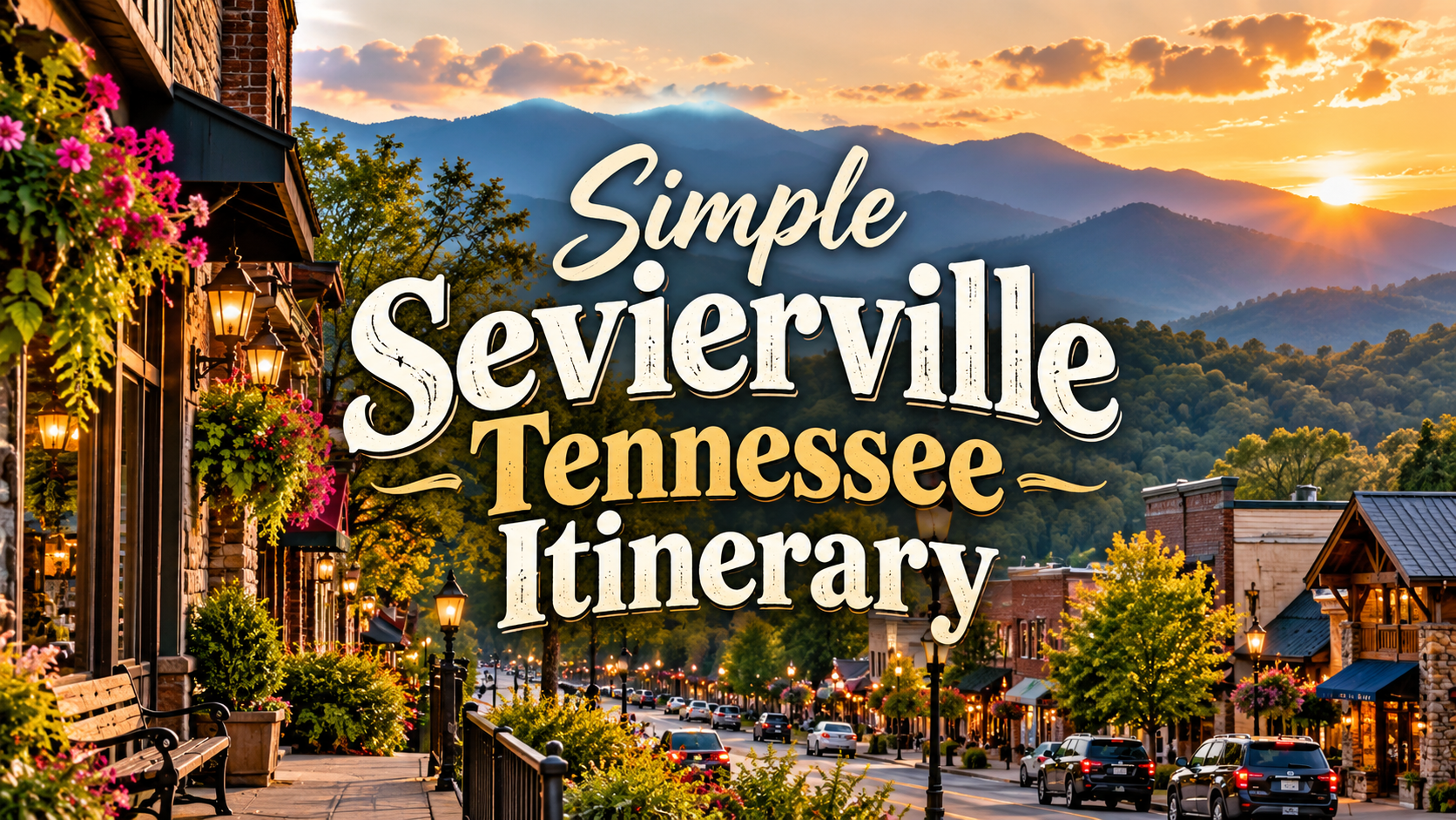 Sunset view of Sevierville, Tennessee street with mountains and text: