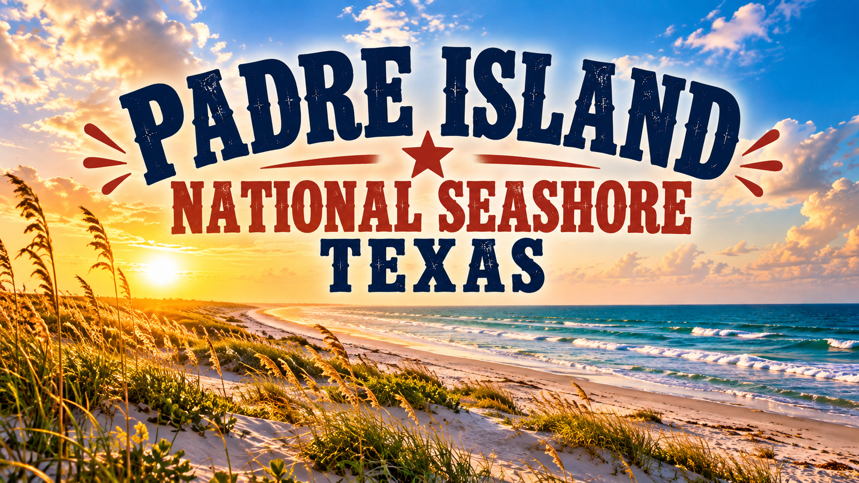 Padre Island National Seashore, Texas, over a sunset beach scene with dunes and ocean waves