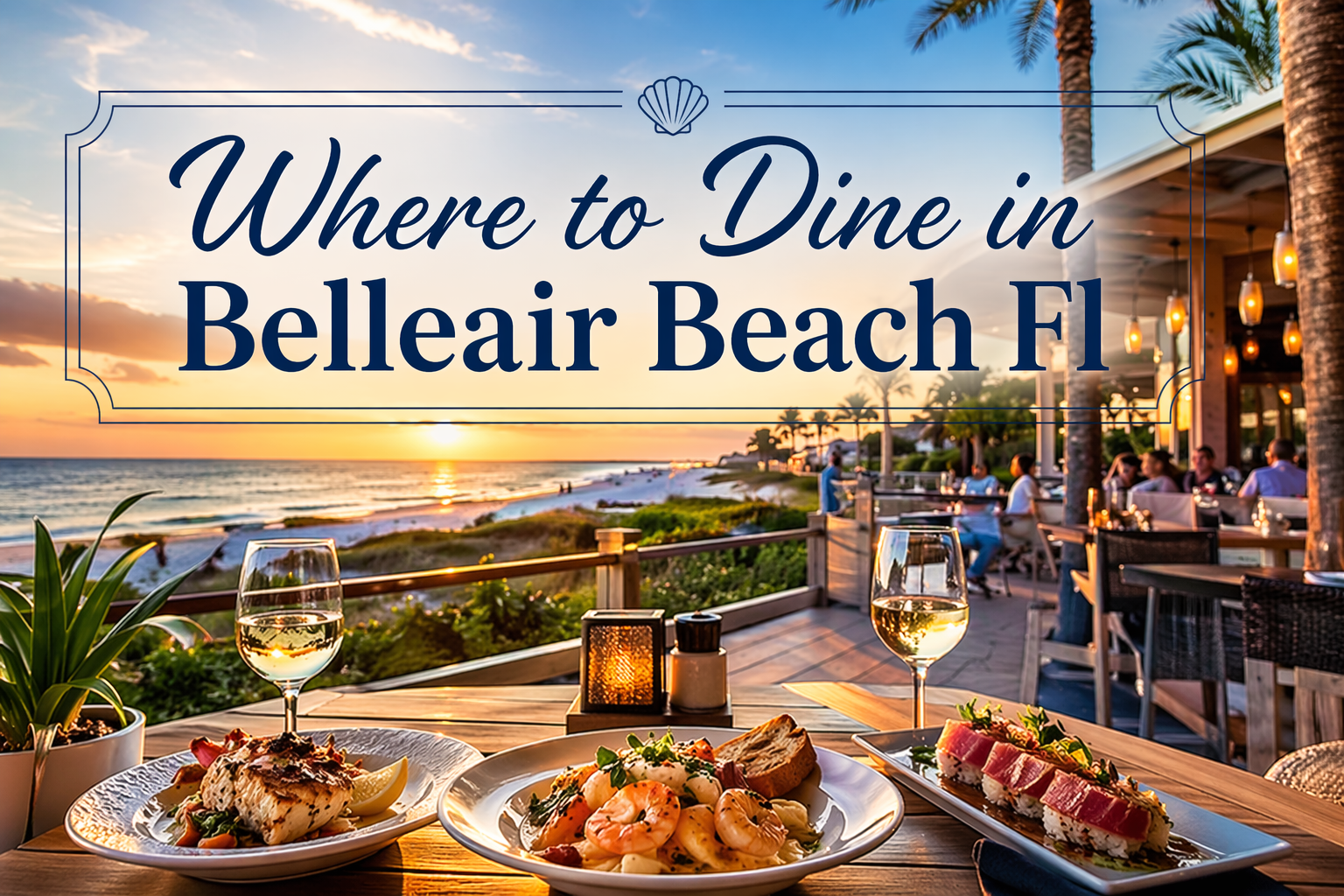 A dinner table with seafood dishes and wine overlooking a sunset beach in Belleair Beach, Florida.