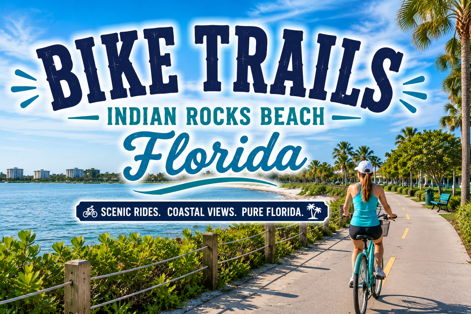 Bike trails sign at Indian Rocks Beach, Florida, with a cyclist on a sunny coastal path