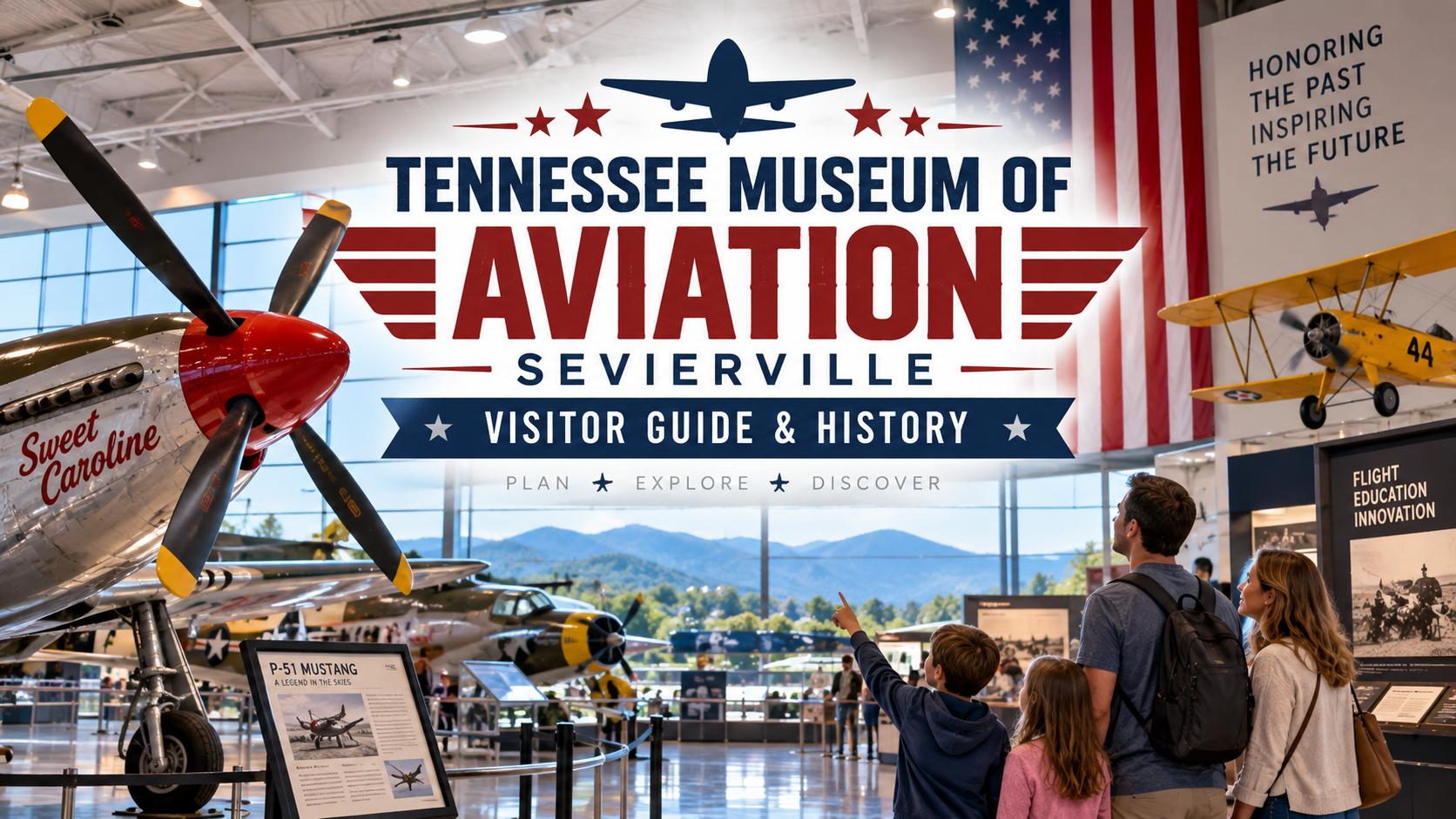 Tennessee Museum of Aviation sign over museum interior with vintage aircraft and visitors