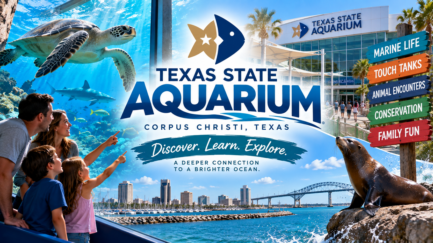 Texas State Aquarium promo collage with sea turtles, visitors, dolphins, skyline, and exhibit signs