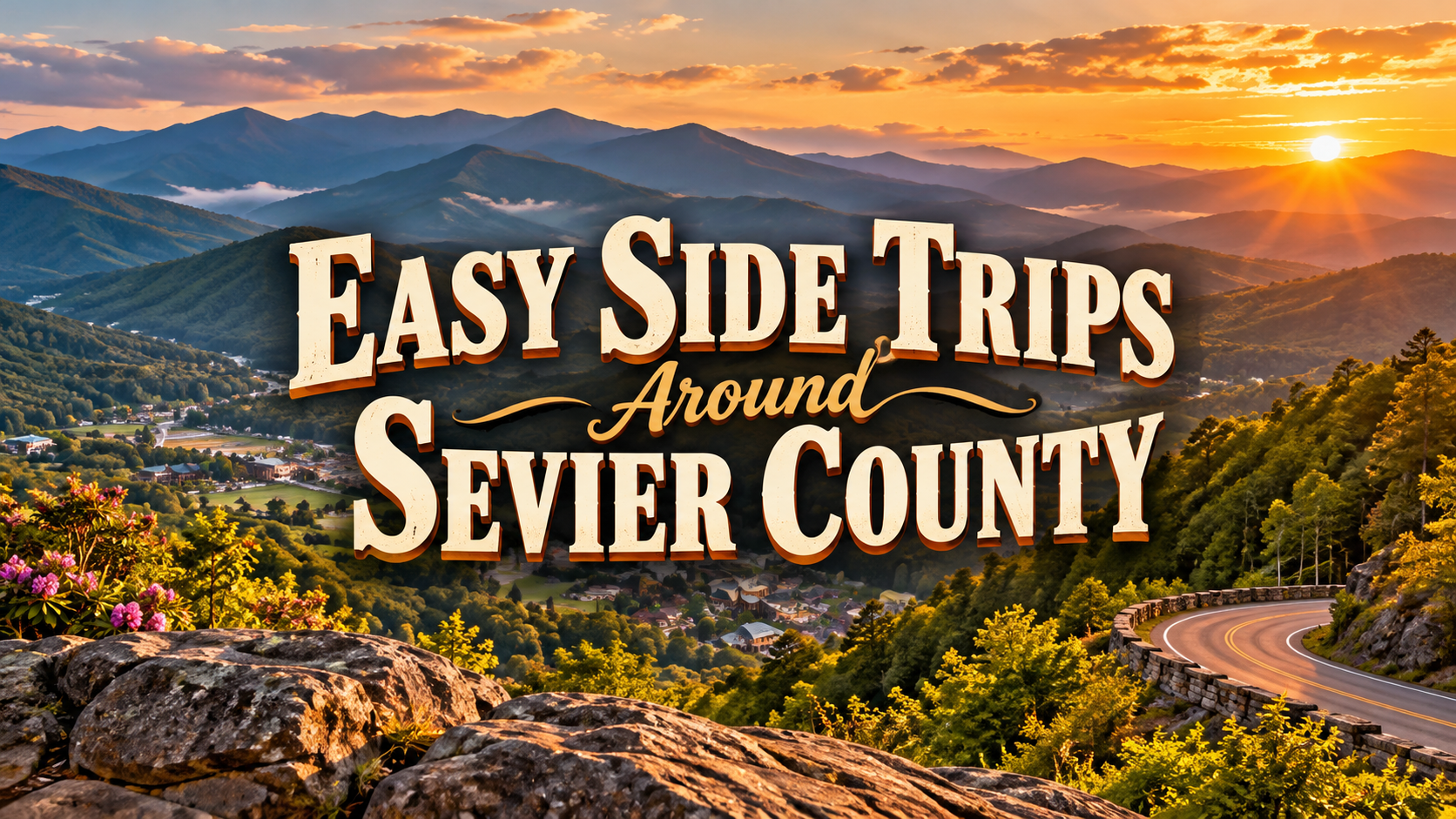 Sunset mountain vista with title text “Easy Side Trips Around Sevier County” over a winding road