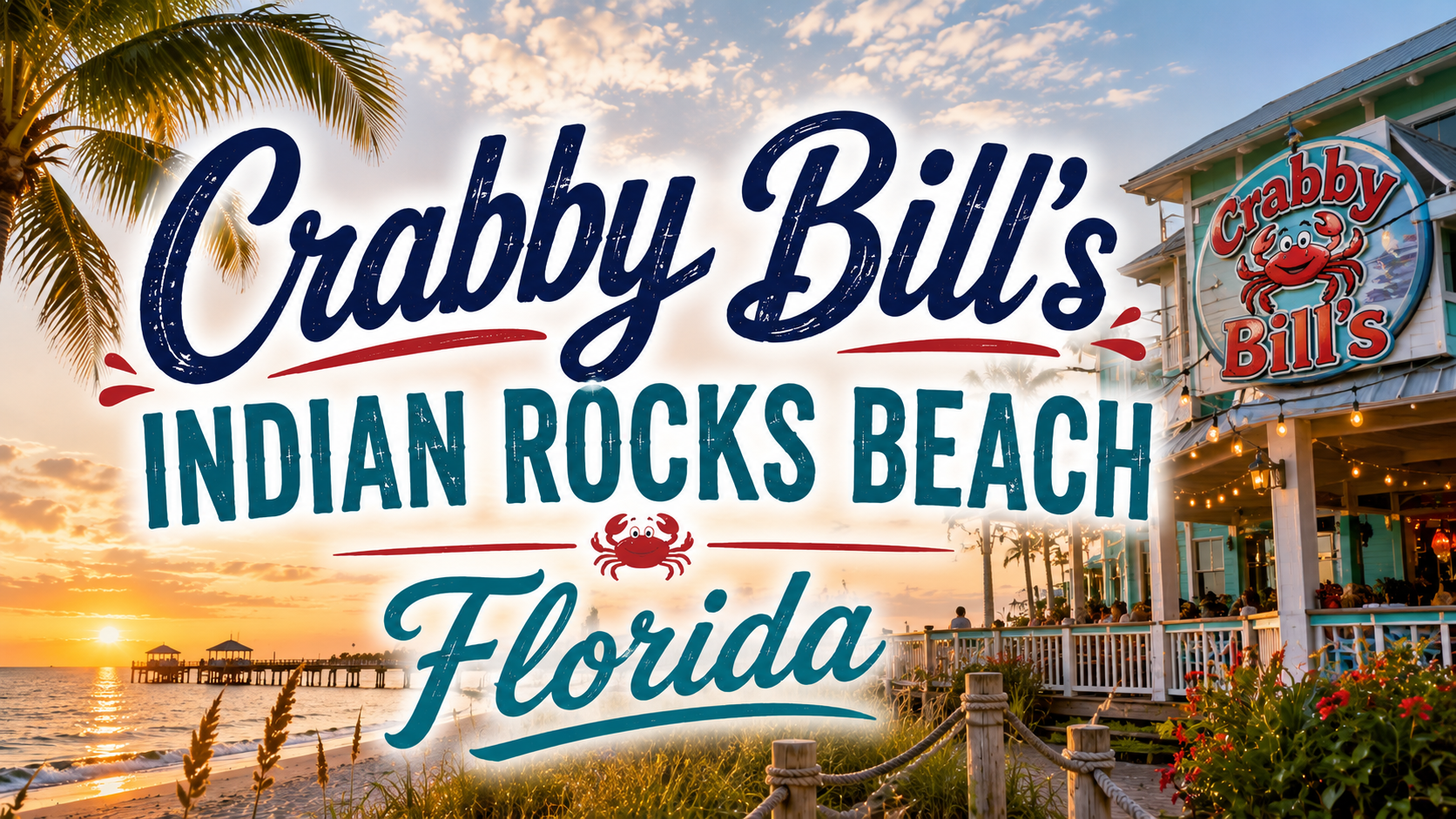 Crabby Bill’s sign over sunset beach scene at Indian Rocks Beach, Florida