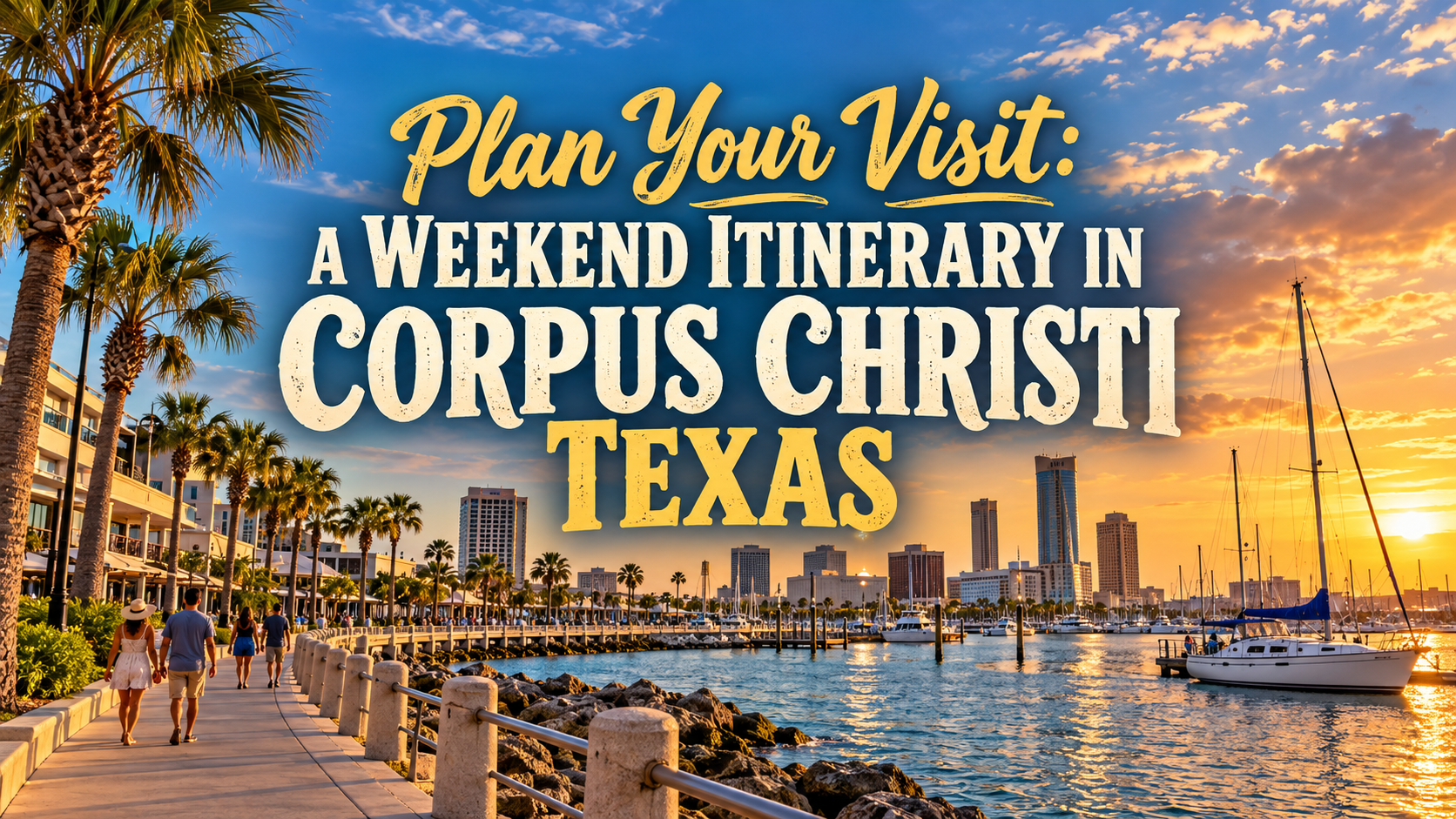 Sunset waterfront in Corpus Christi, Texas with palm trees, sailboats, and text: “Plan Your Visit: A Weekend Itinerary”