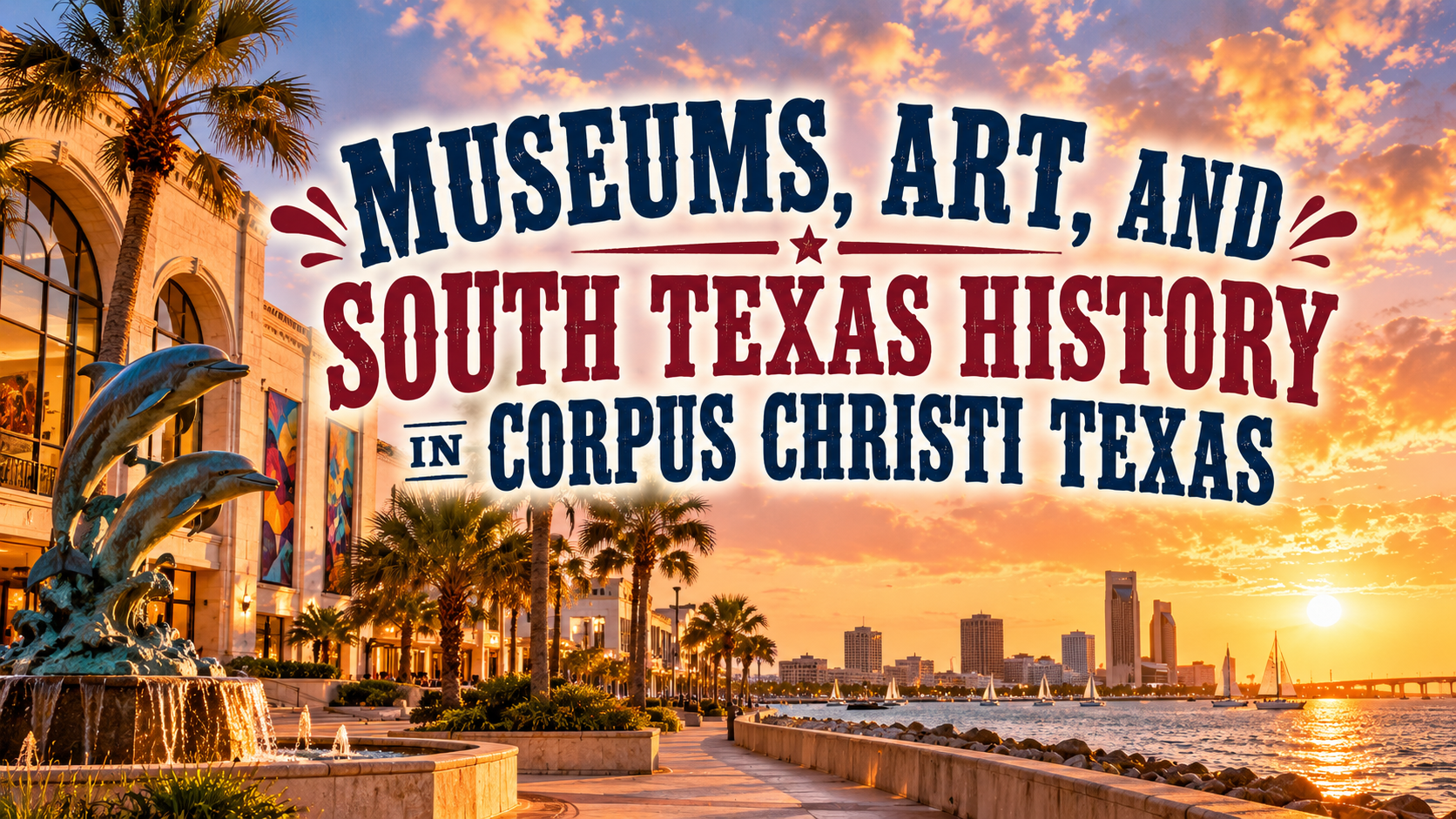 Poster for “Museums, Art, and South Texas History” in Corpus Christi, Texas, with skyline and palm trees at sunset