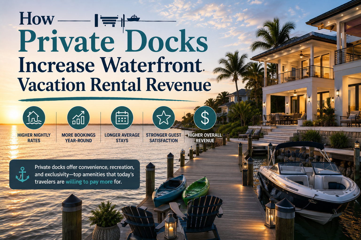 Luxury private dock at sunset with waterfront vacation rental promotion text.