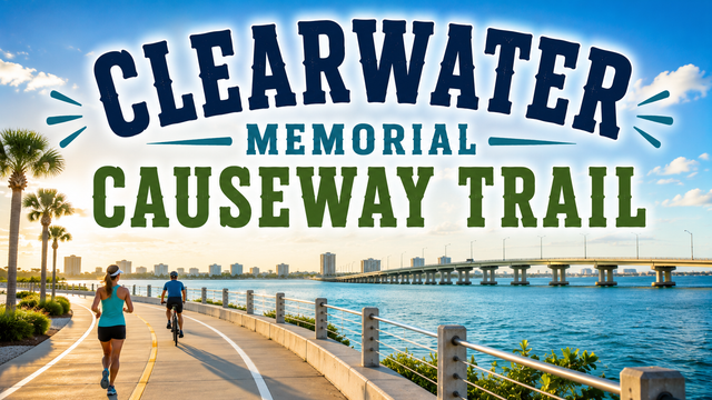 Clearwater Memorial Causeway Trail sign over a sunny waterfront walkway with cyclists and bridge views