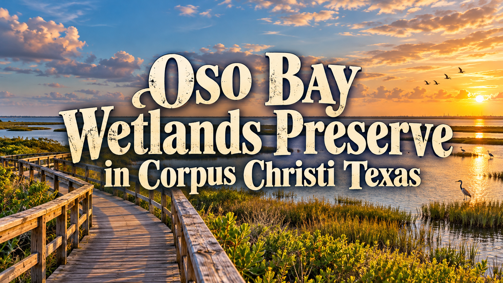 Oso Bay Wetlands Preserve boardwalk at sunset in Corpus Christi, Texas, with marsh and water