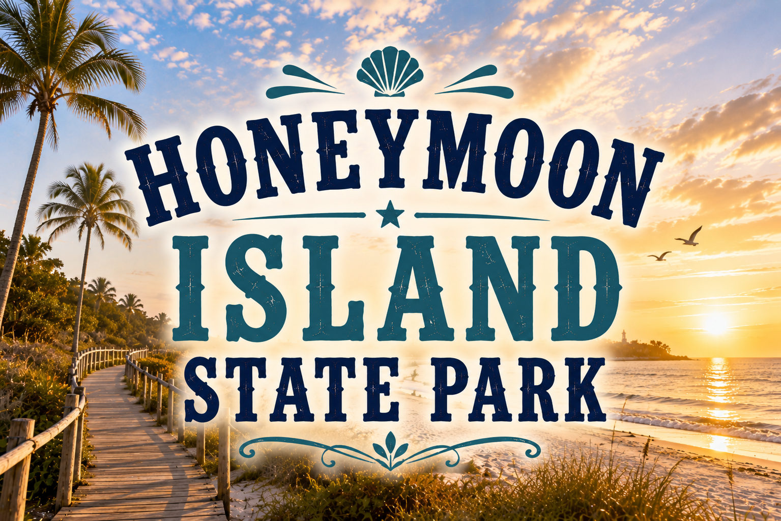 Honeymoon Island State Park sign at sunset with palm trees and a tropical boardwalk.