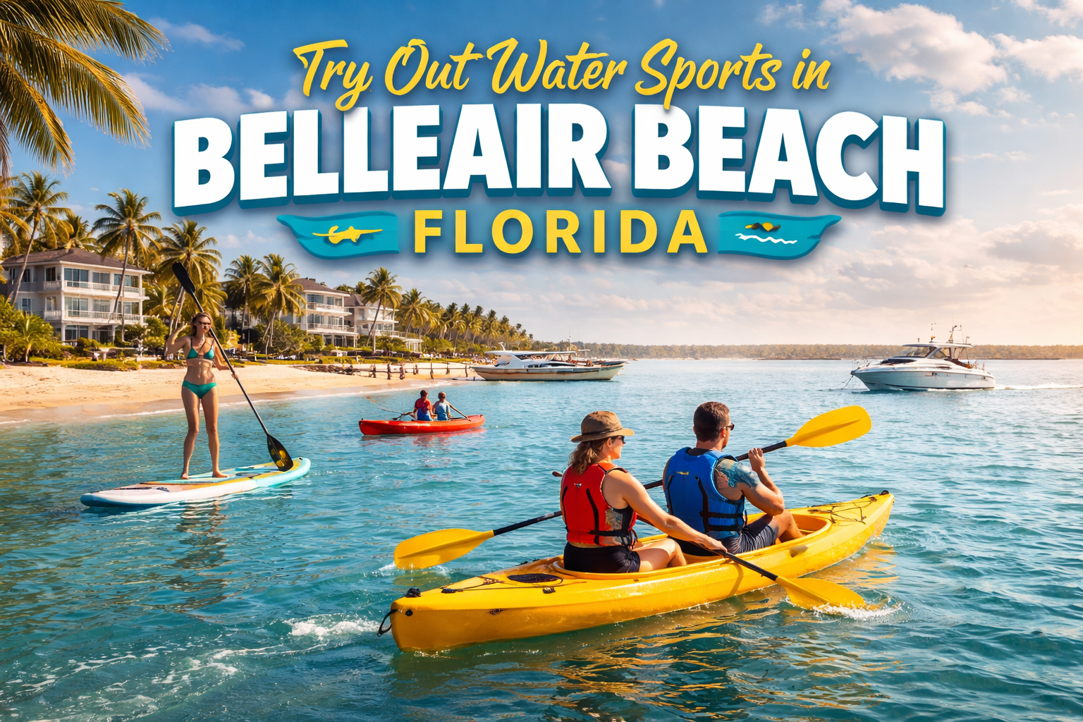 People kayaking and paddleboarding in sunny, calm waters near the palm-lined coast of Belleair Beach, Florida.