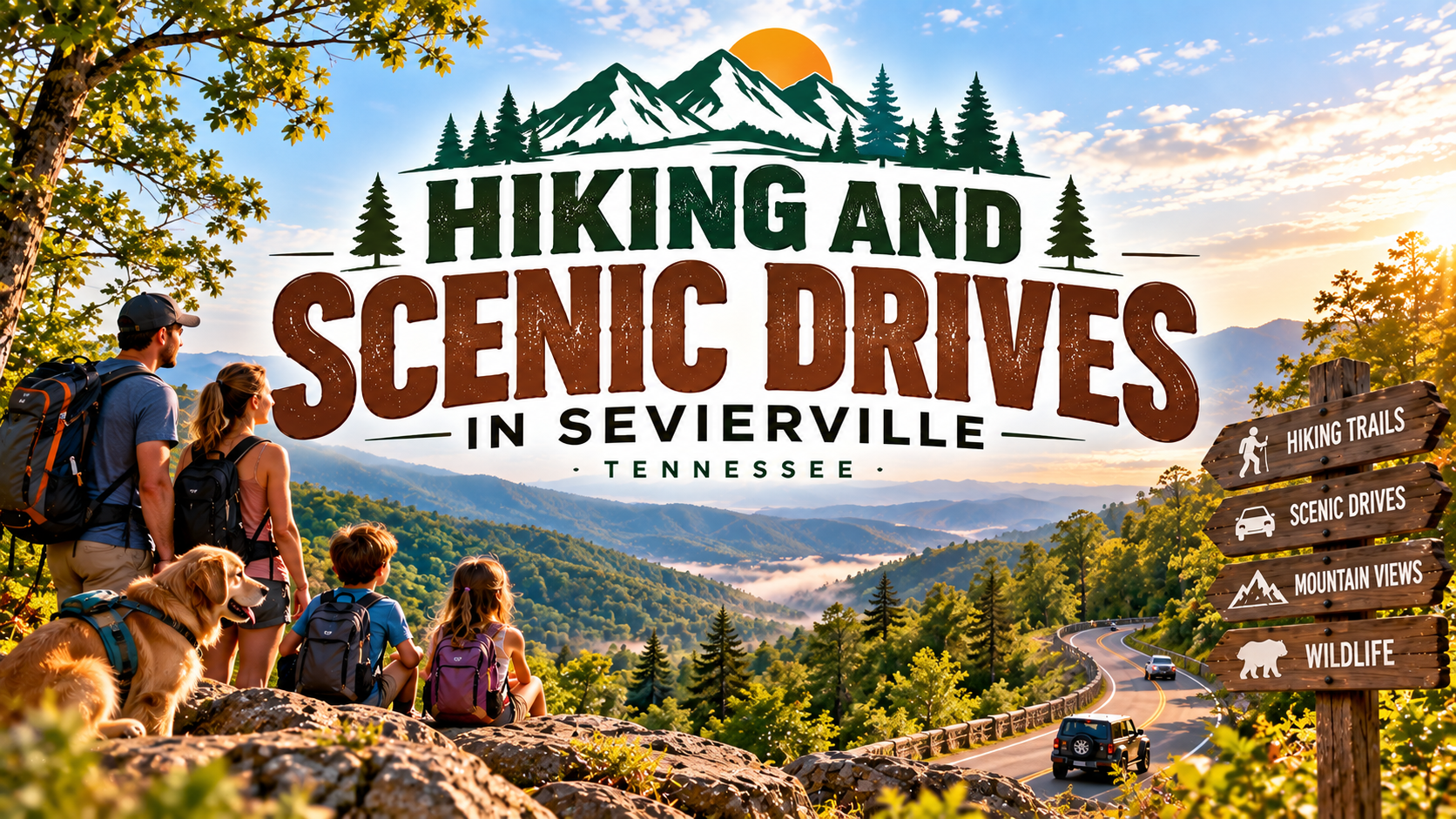 Hiking and scenic drives in Sevierville, Tennessee poster with mountains, trees, hikers, and a sunset sky