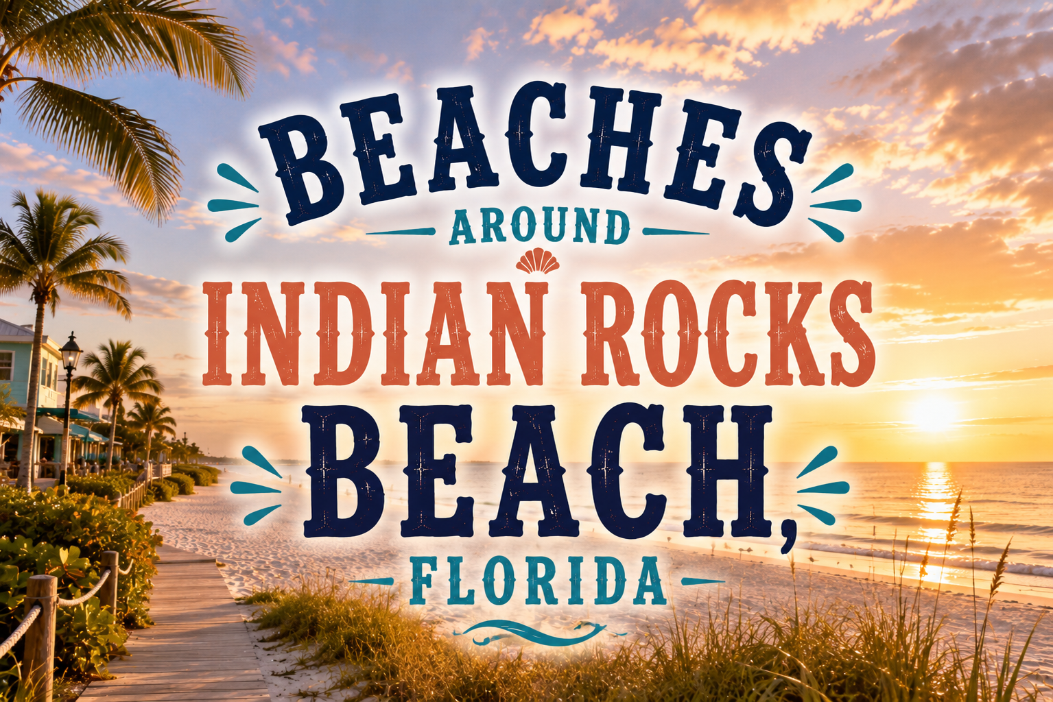 Sunset beach scene with palm trees and text: “Beaches Around Indian Rocks Beach, Florida.”