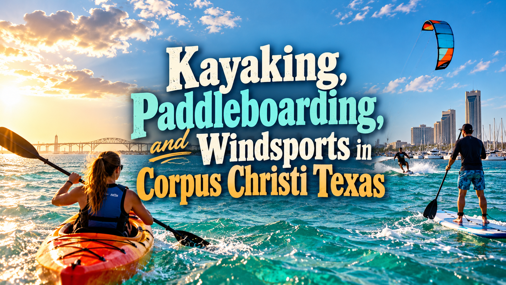 Kayaking, paddleboarding and windsports in Corpus Christi, Texas at sunset with city skyline and colorful kitesurfers