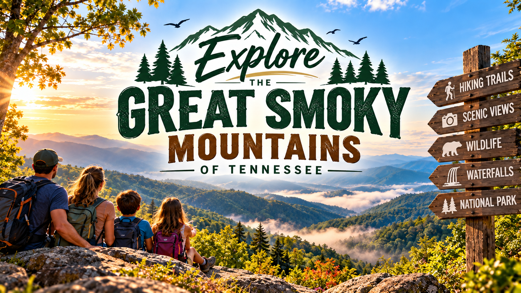 Sunset view of Great Smoky Mountains, with hikers and a trail sign in Tennessee