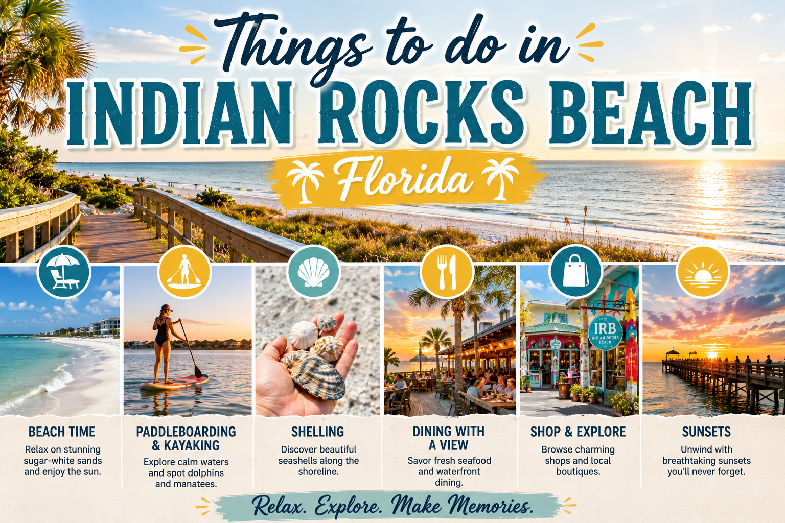 Infographic of things to do in Indian Rocks Beach, Florida, with beach photos and activity icons