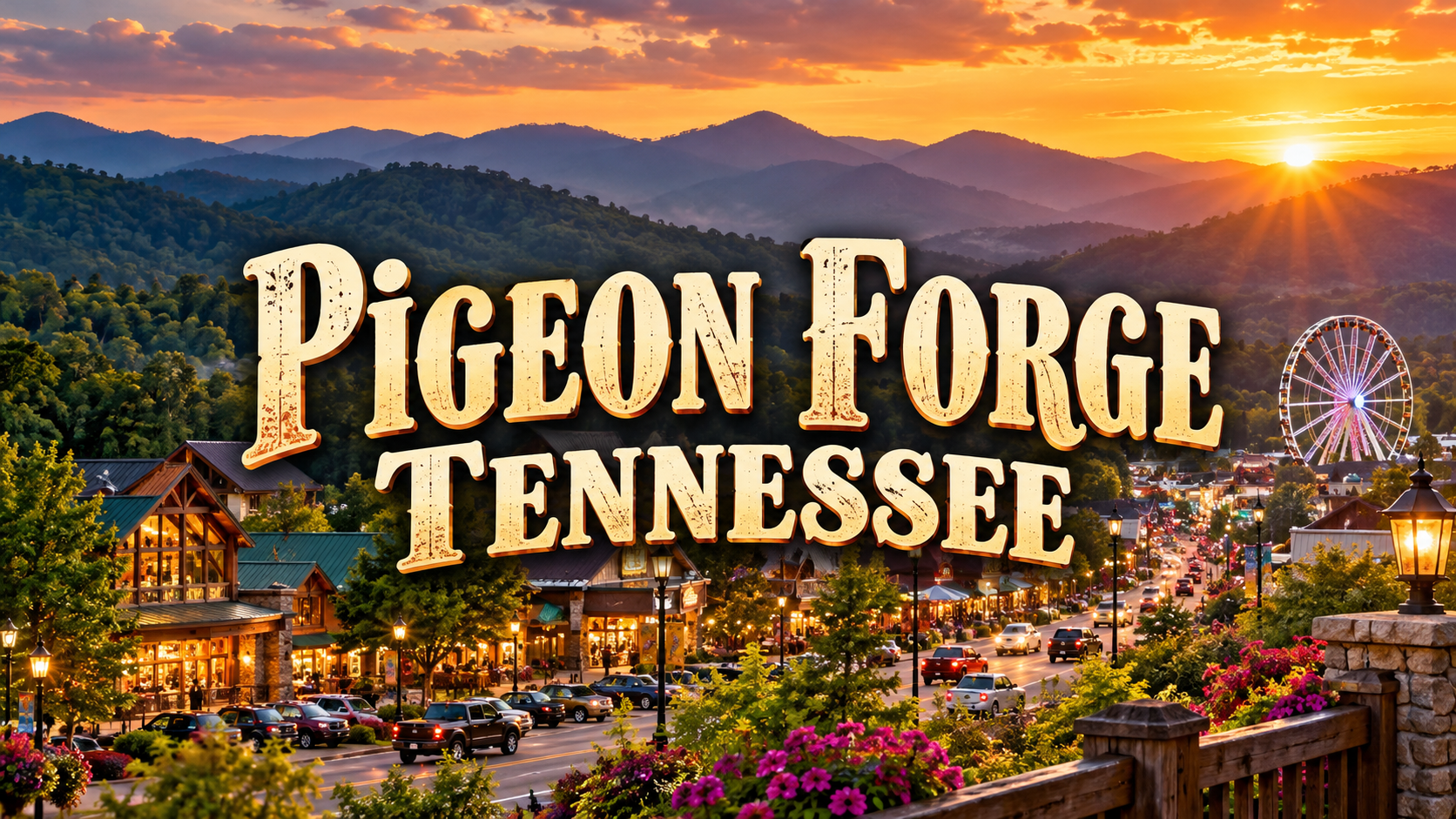 Sunset over Pigeon Forge, Tennessee skyline with mountains, Ferris wheel, and colorful flowers