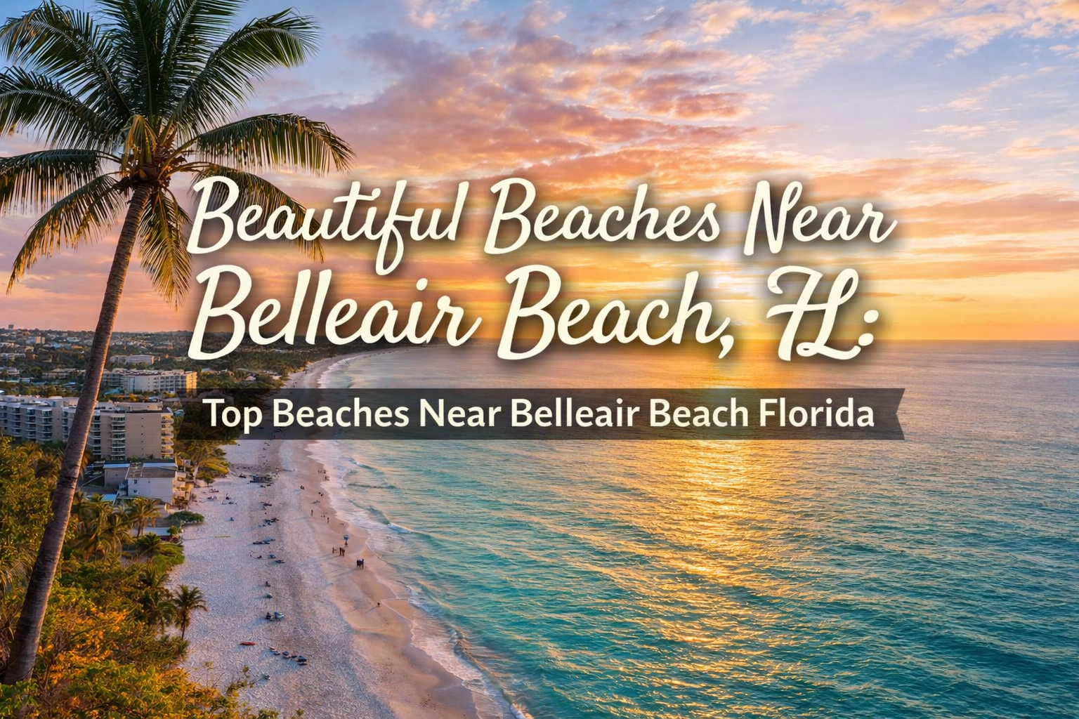 A sunset view of a Florida beach with a palm tree, titled 