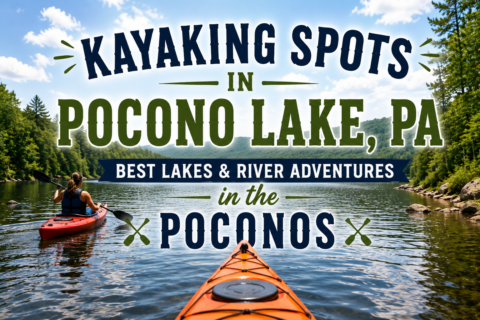 Kayaks on Pocono Lake, PA with text promoting kayaking spots in the Poconos.