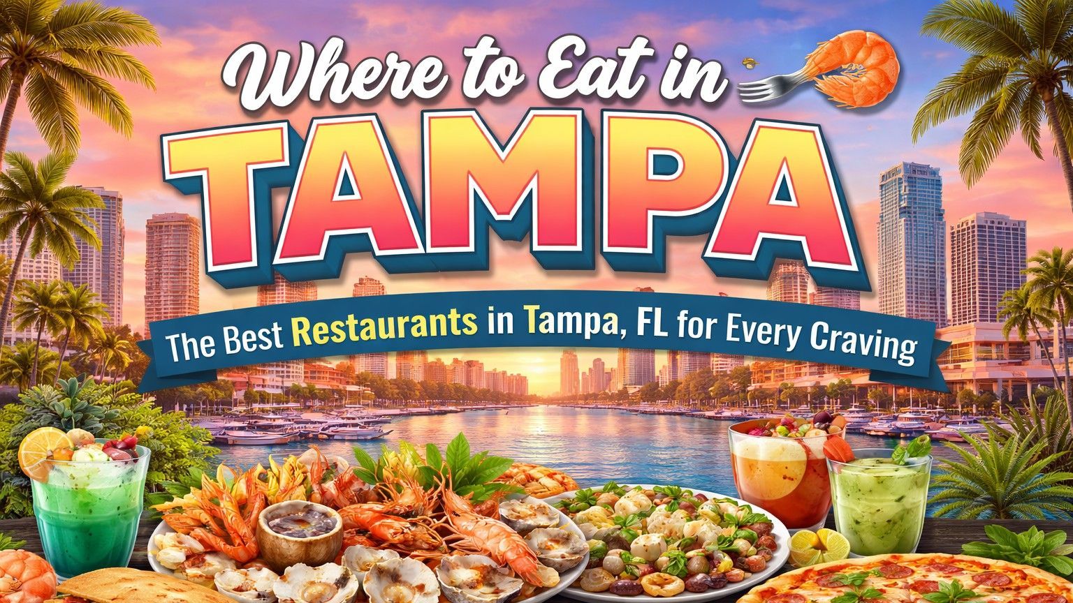 Promotional graphic for Tampa restaurants, featuring a skyline sunset, fresh seafood dishes, and cocktails.