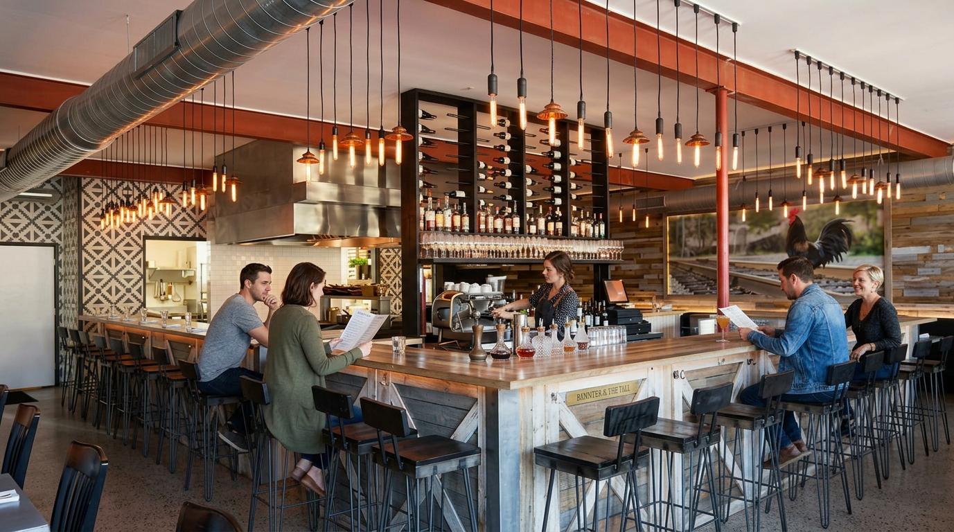 Busy restaurant bar with people seated at a long counter under warm pendant lights