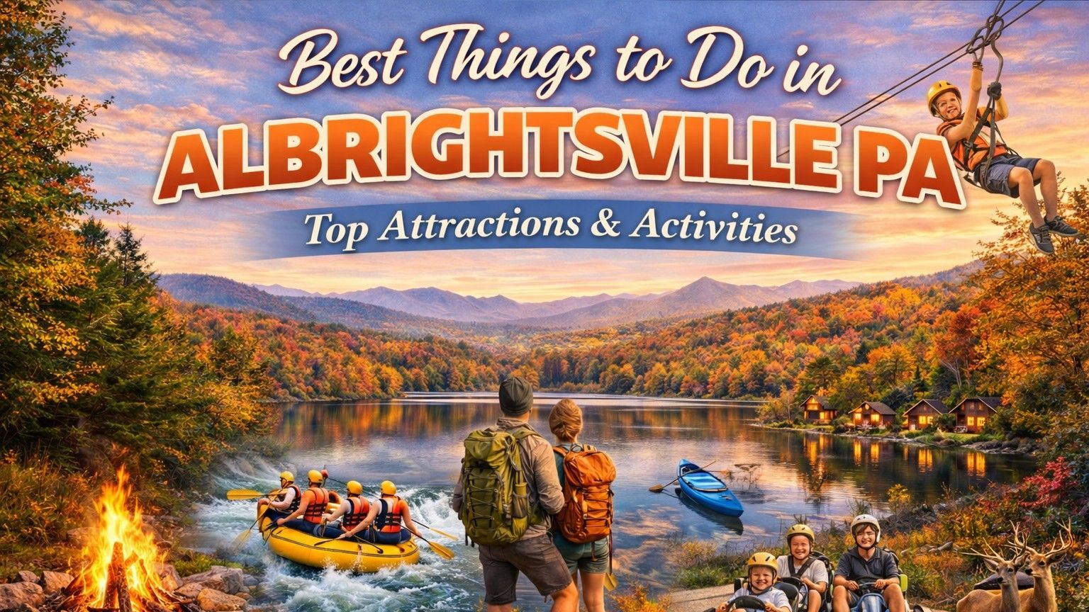 Albrightsville, PA attractions: Lake and fall foliage, people hiking, rafting, zip-lining.
