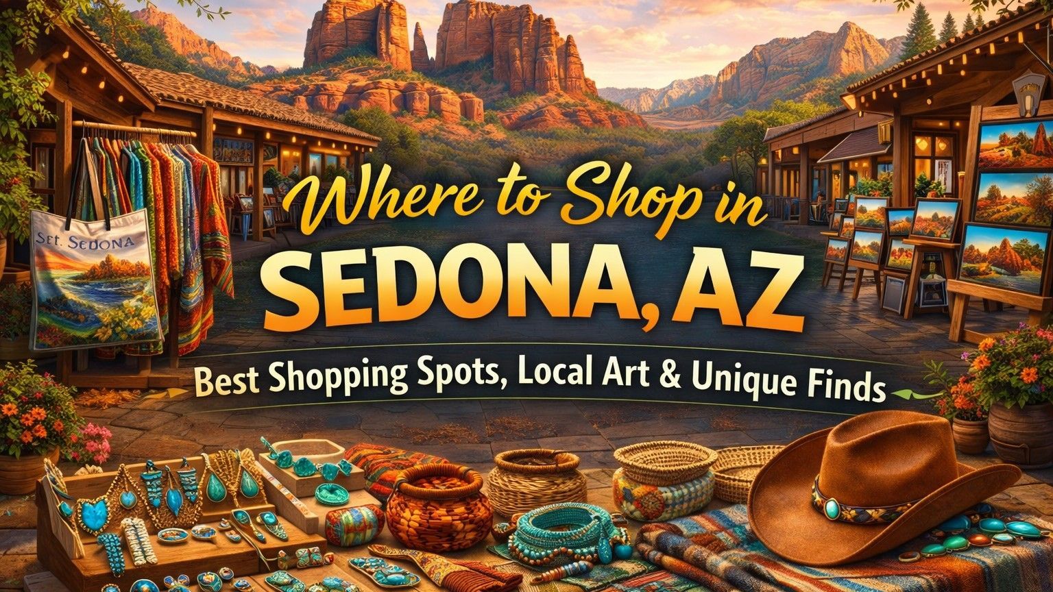Advertisement for shopping in Sedona, Arizona, featuring shops, art, and the red rock landscape.