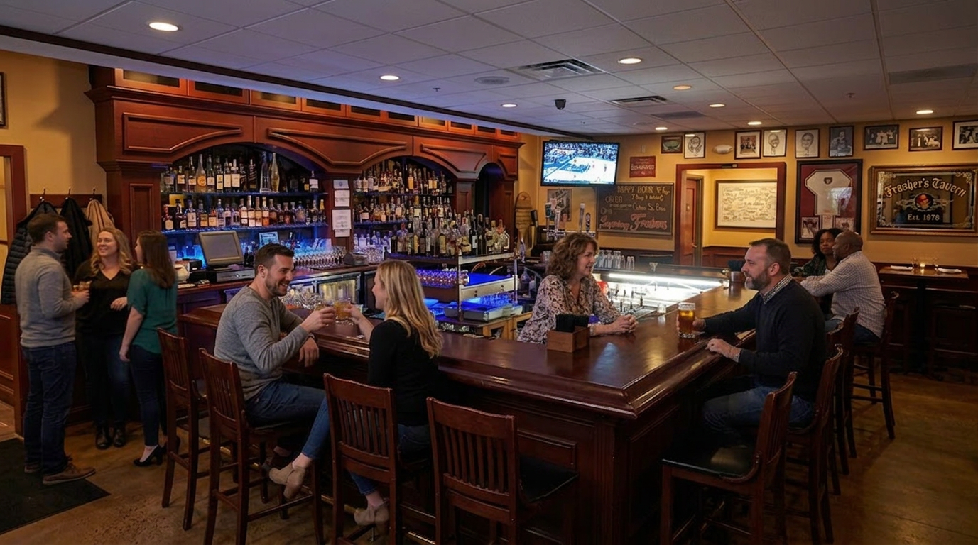 Dimly lit bar interior with patrons seated around a polished wooden counter and TVs above the shelves
