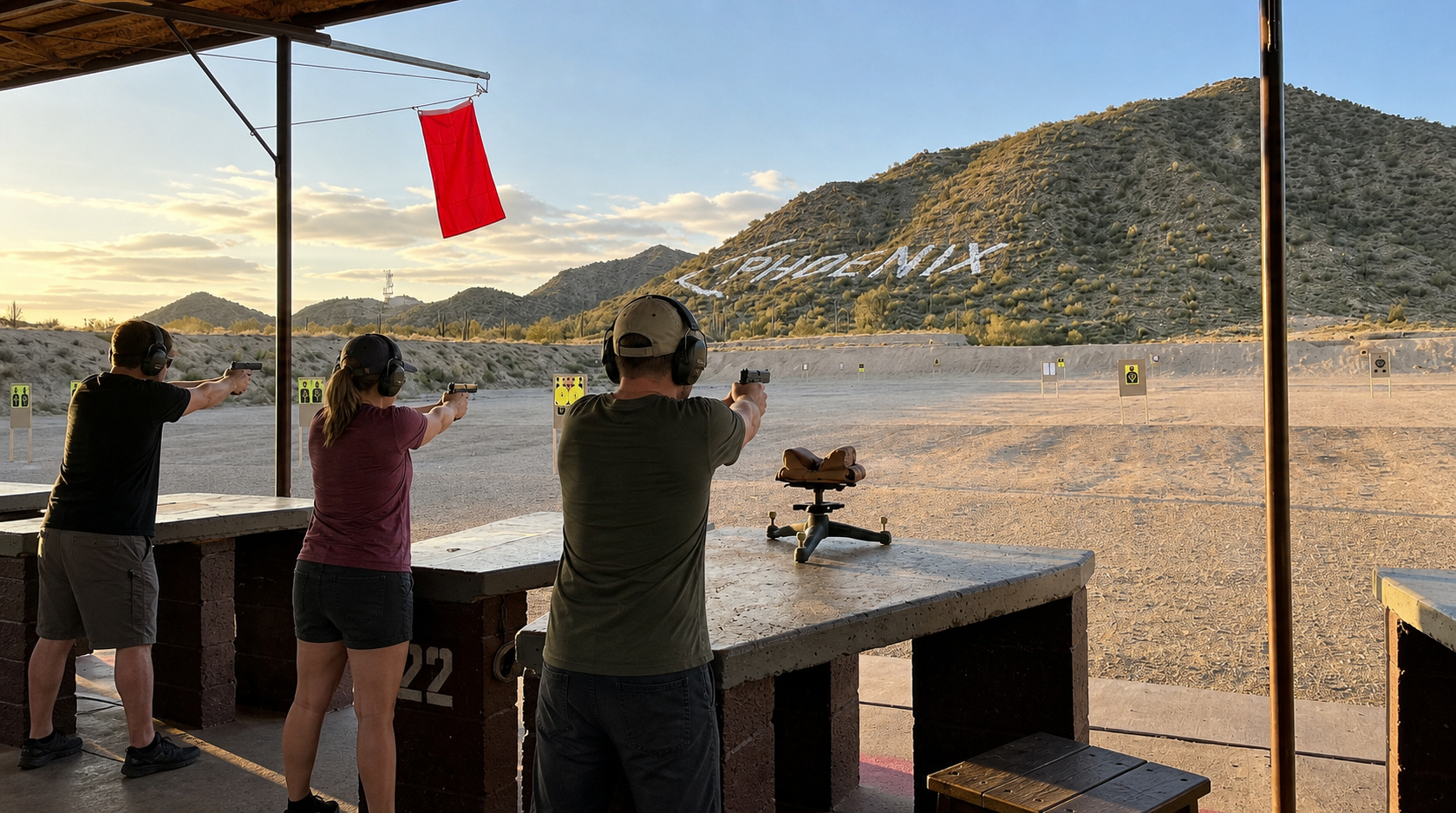 Three people at an outdoor shooting range aiming pistols at distant targets under a red flag.