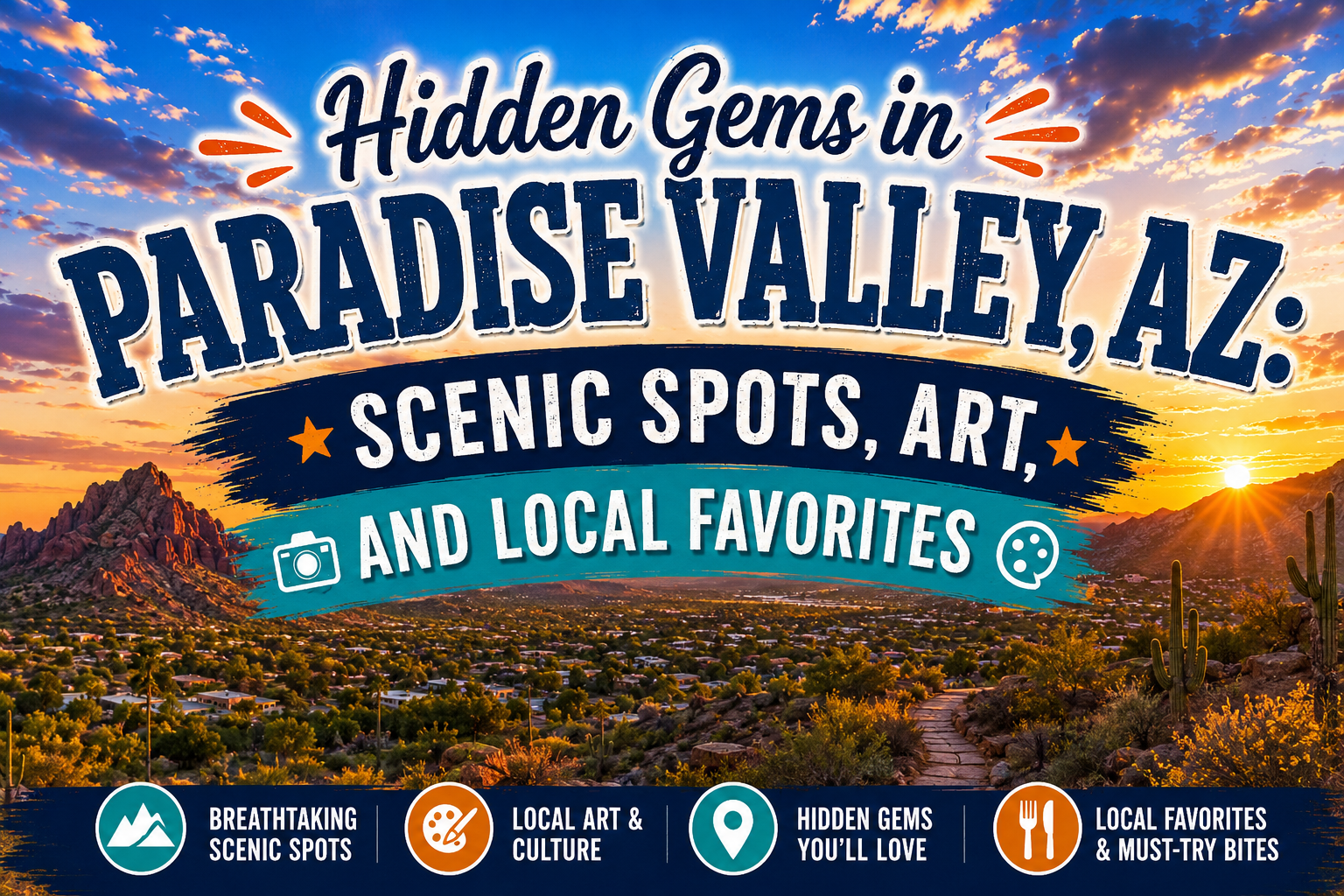 Poster for Hidden Gems in Paradise Valley, AZ, with sunset mountains, scenic spots, art, and local favorites.