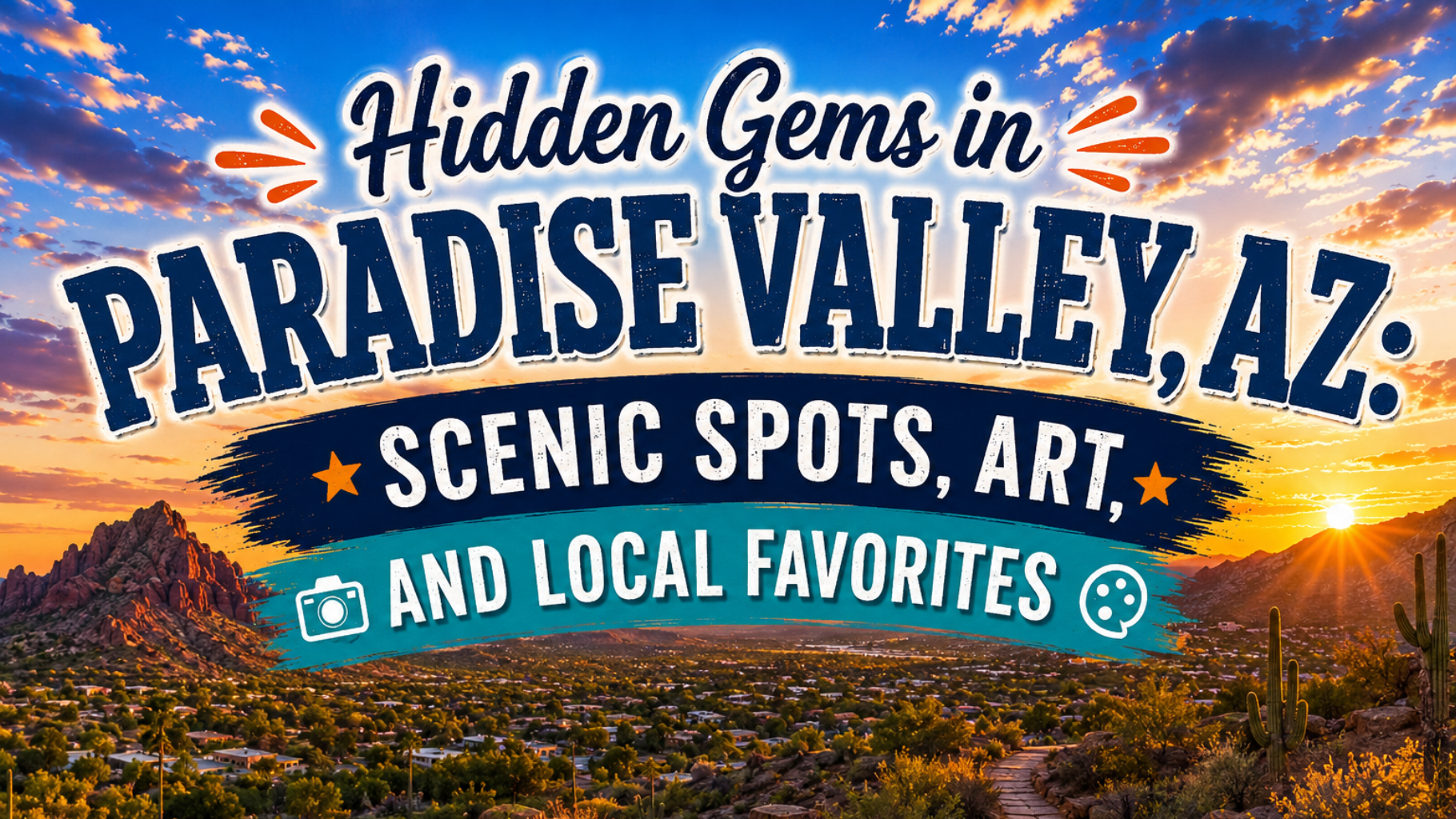 Hidden Gems in Paradise Valley, AZ poster with sunset mountains, art, scenic spots, and local favorites