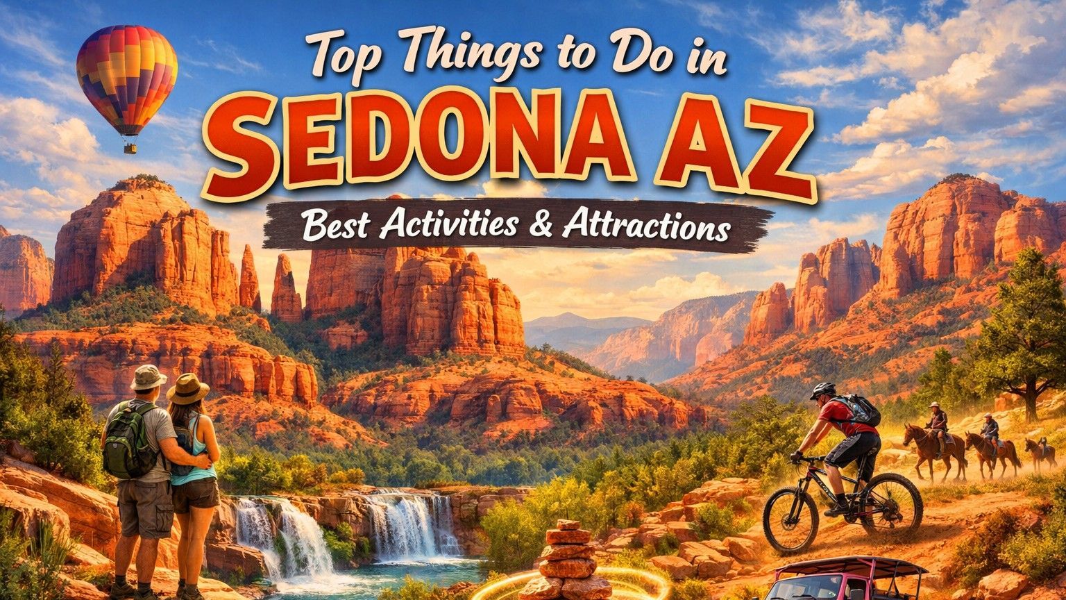 Sedona, Arizona: Landscape with hot air balloon, hikers, biker, horseback riders, waterfalls, red rock buttes; text reads