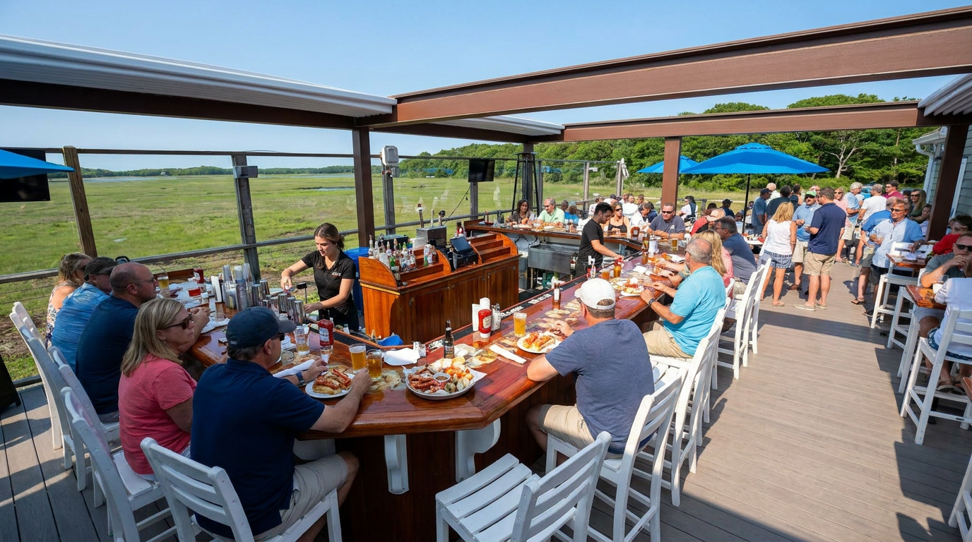 People seated at long tables on a sunny outdoor patio, dining and socializing under a pergola.
