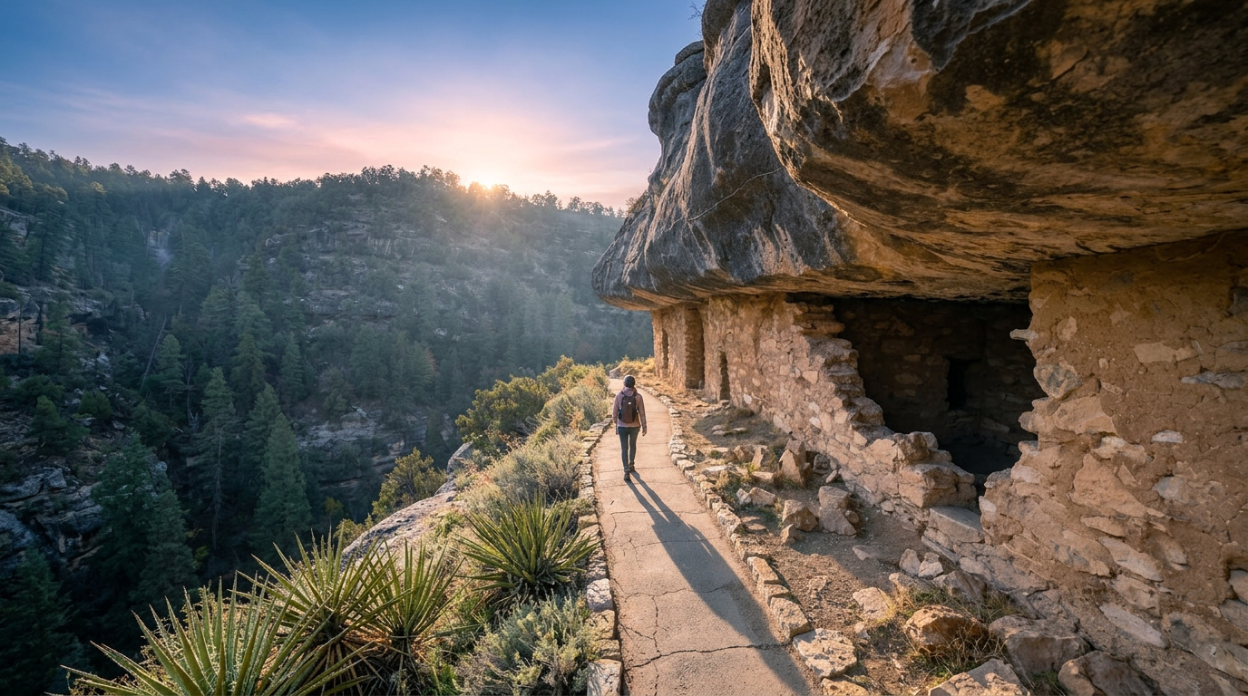 Sunlit cliffside trail beside a rocky cave wall overlooking a forested valley at sunrise