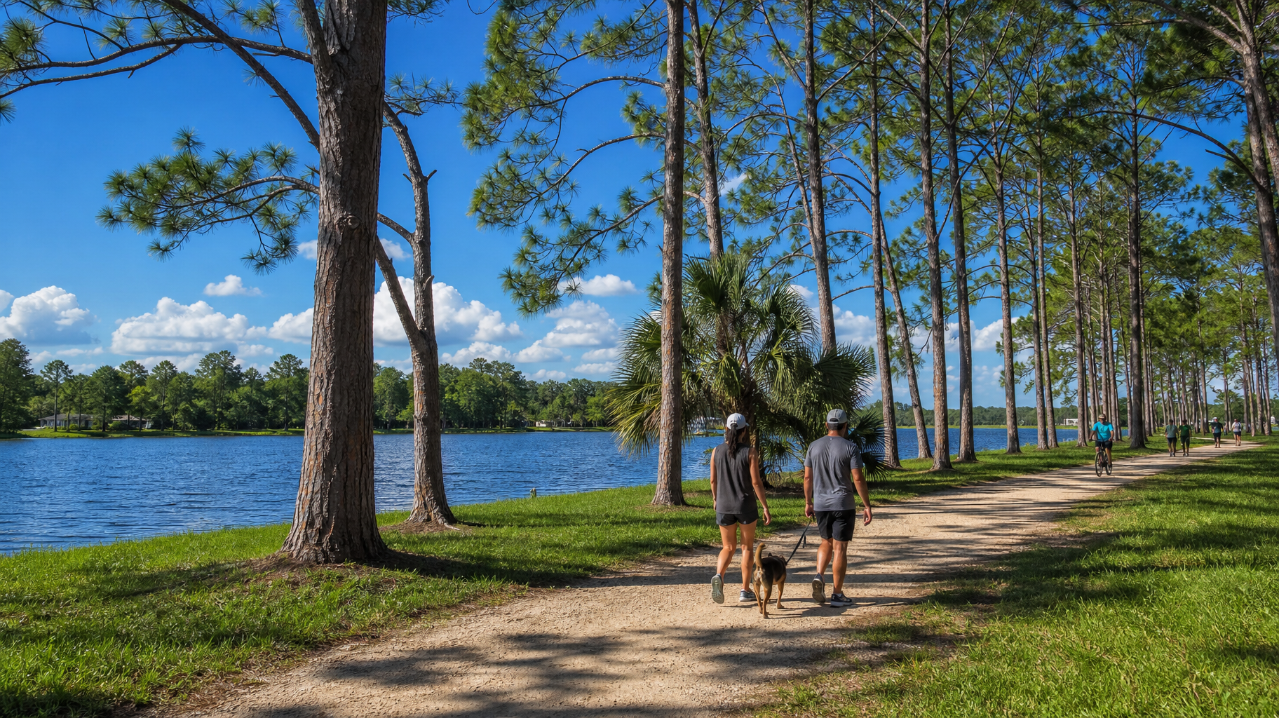 Two people walking on a tree-lined path beside a lake on a sunny day