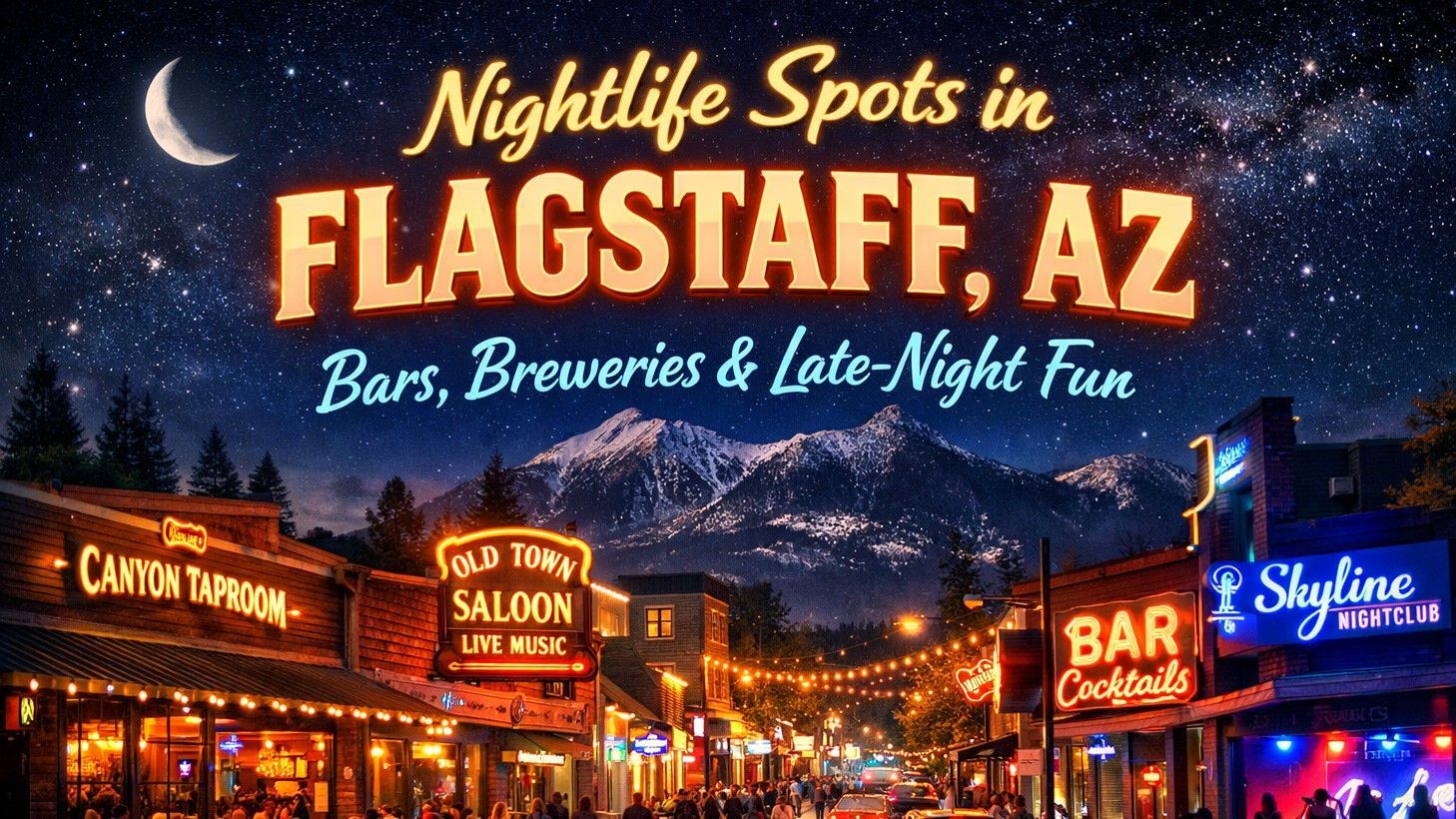 Nightlife in Flagstaff, Arizona: illuminated bars and mountains under a starry night sky.