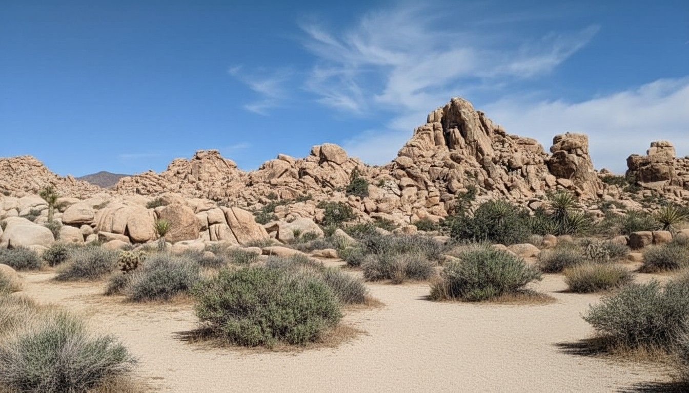 Desert landscape with large, light brown rock formations and low-lying shrubs under a clear blue sky.